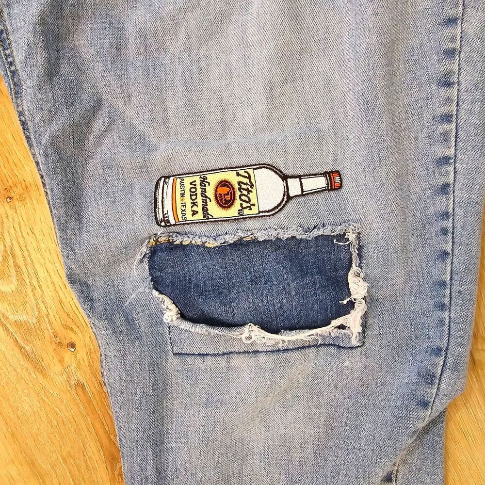 Patched Boyfriend Jeans Womens 14 Distressed Grunge Thrashed Titos Biker Tequila